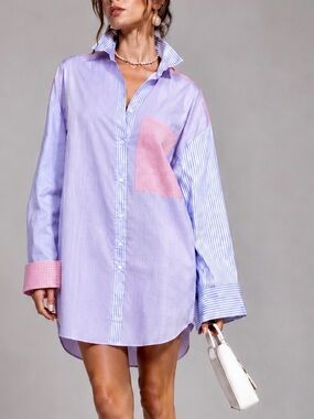 GEEGEE Oversized Blue & Pink Striped Button Down Shirt Dress w Chest Pocket
